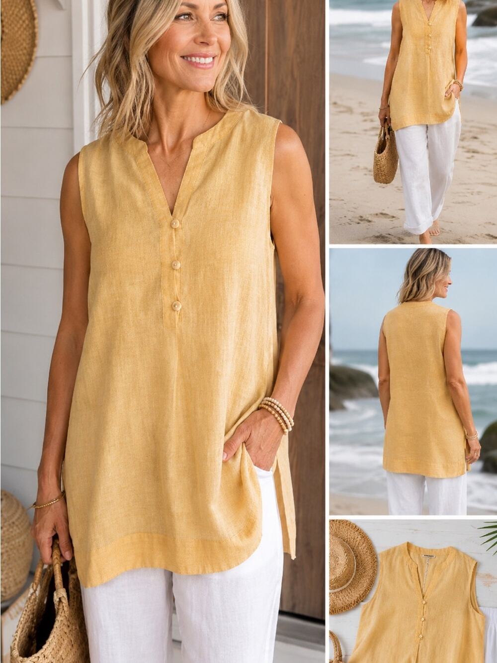 J. Jill Love Linen Tunic Top L Butter Yellow Sleeveless Mandarin Collar Coastal